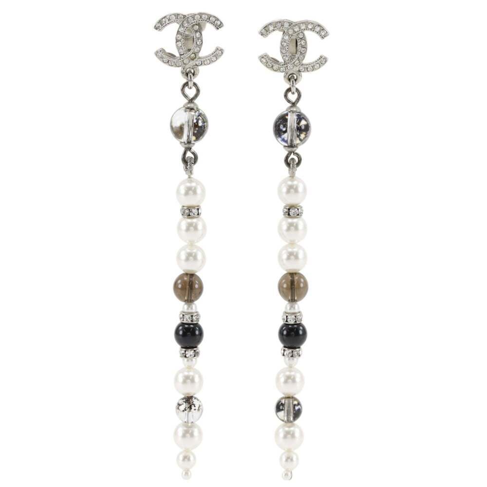 CHANEL Silver Pearl Logo Earrings